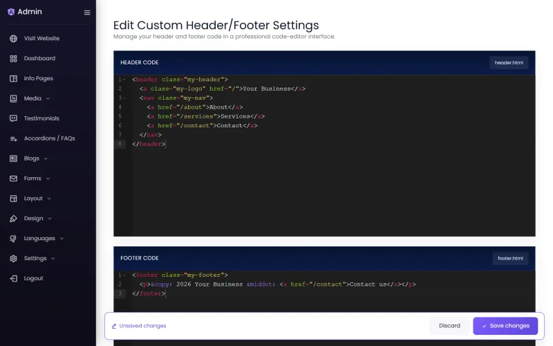 The custom header and footer editors