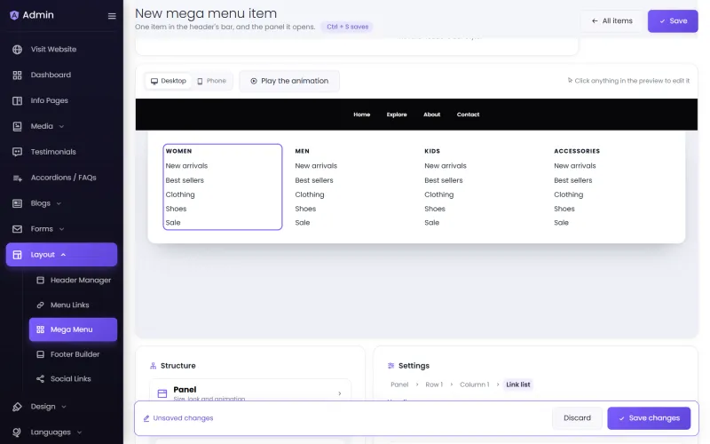 The mega menu editor