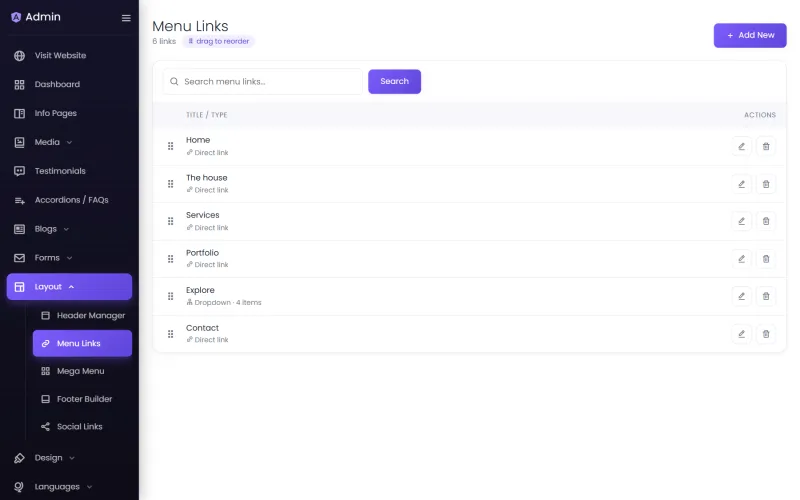 Menu links