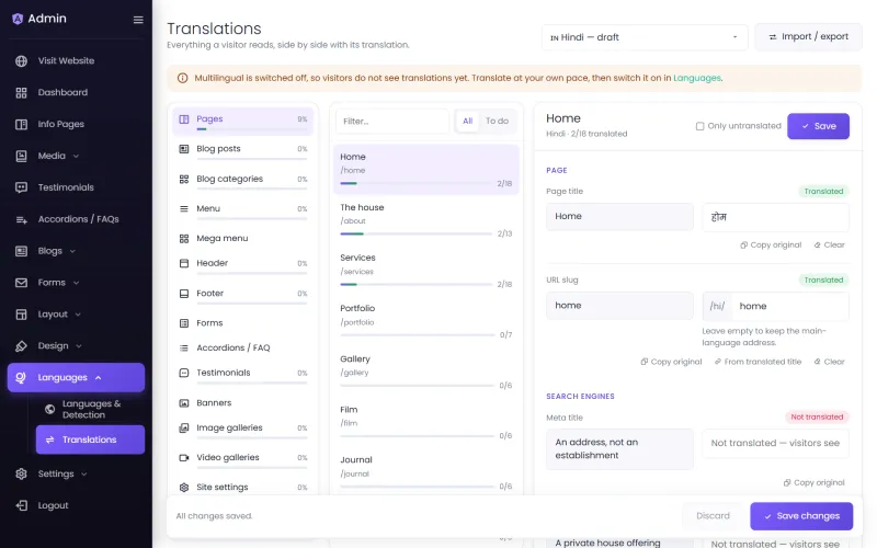 The Translations screen