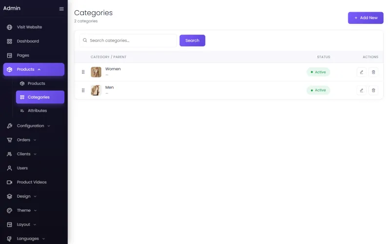 The categories list