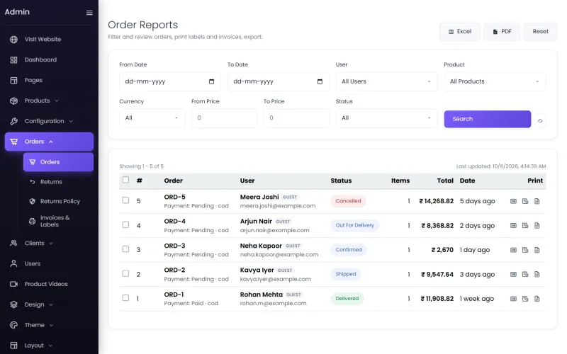The orders list