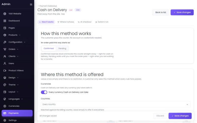 Cash on delivery settings