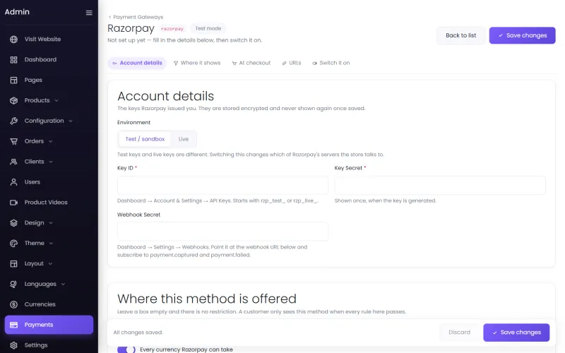 Razorpay settings