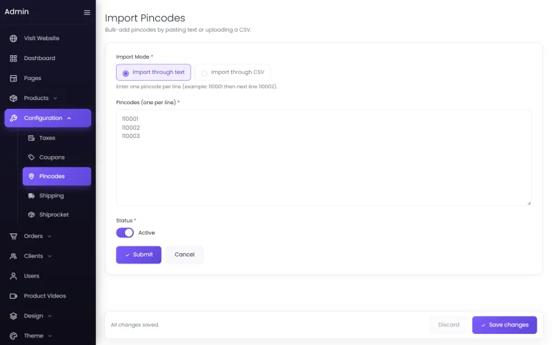 Importing pincodes