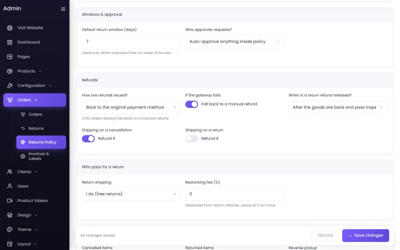 Refund and return shipping settings