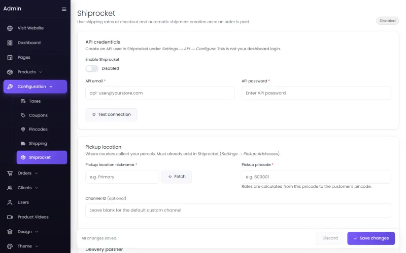 The Shiprocket screen