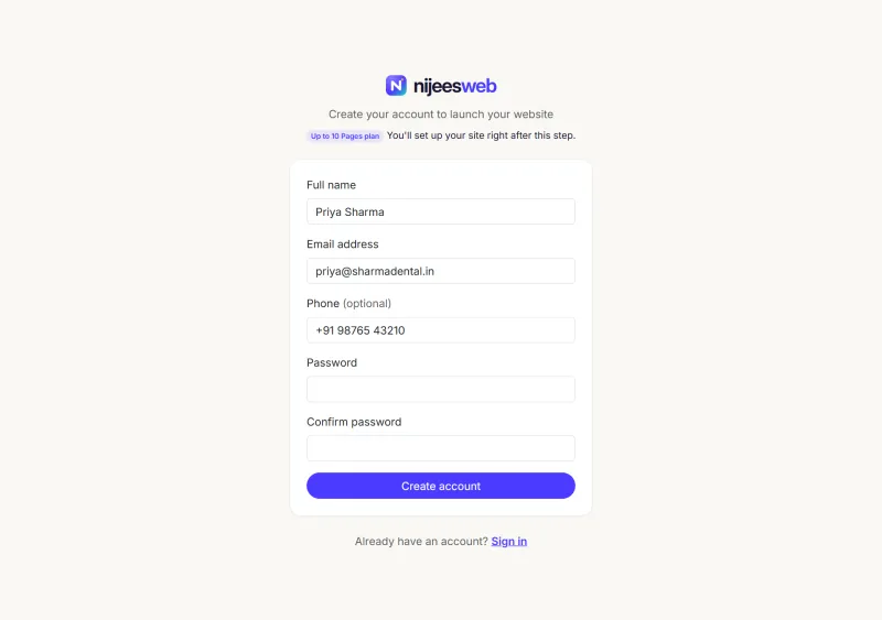 Create your free account — screenshot